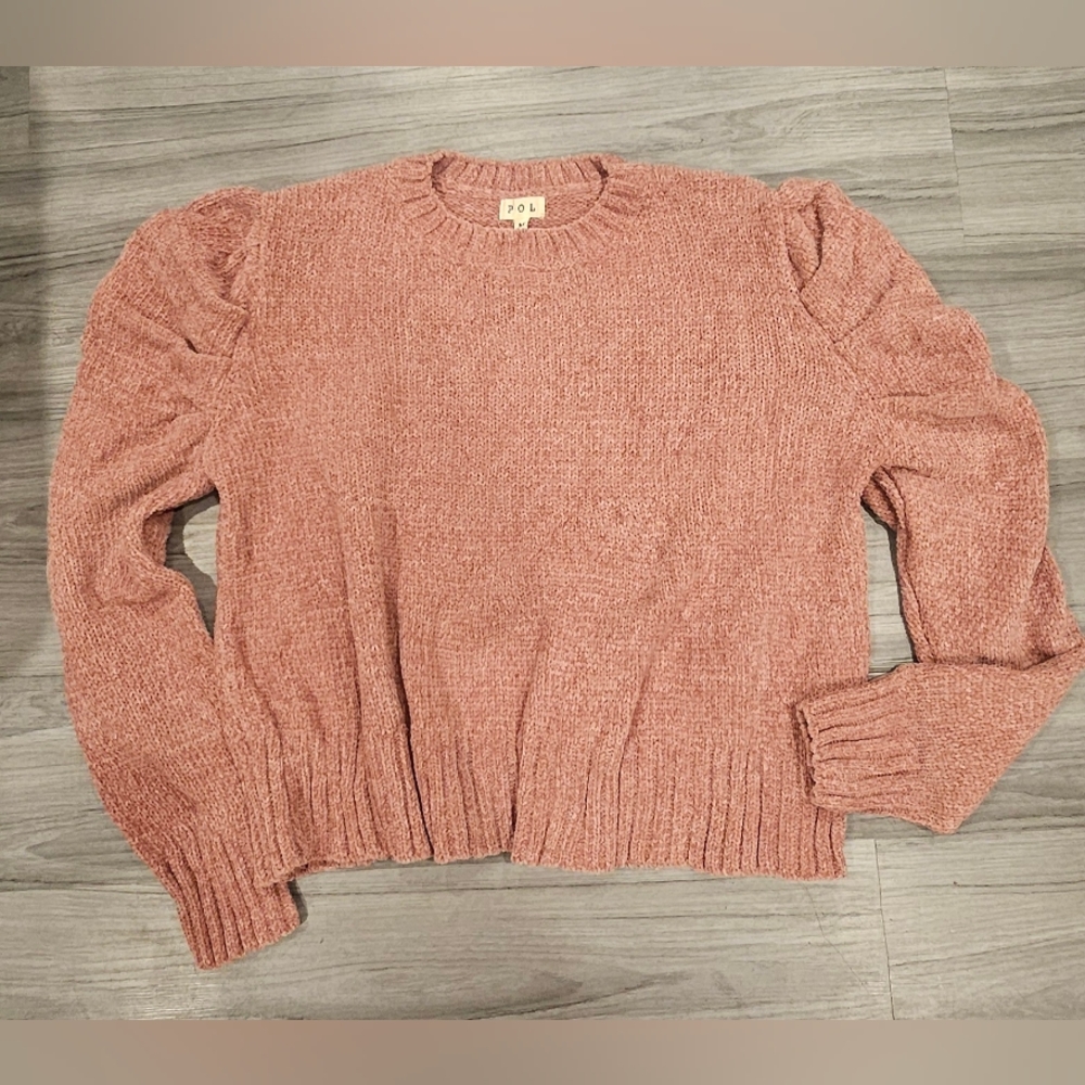 New POL Anthropologie Pink Crew Neck SweaterTextured Knit Puff Sleeve Medium
